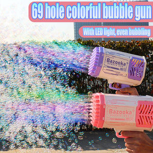 Pistola a bolle Bubble di sapone Gun Rocket 69, con 69 fori a forma di mitragliatrice automatica con luce, giocattolo per bambini."